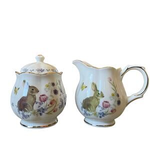 Grace Teaware Fine Porcelain Floral Easter Bunny Creamer and Sugar Set NEW